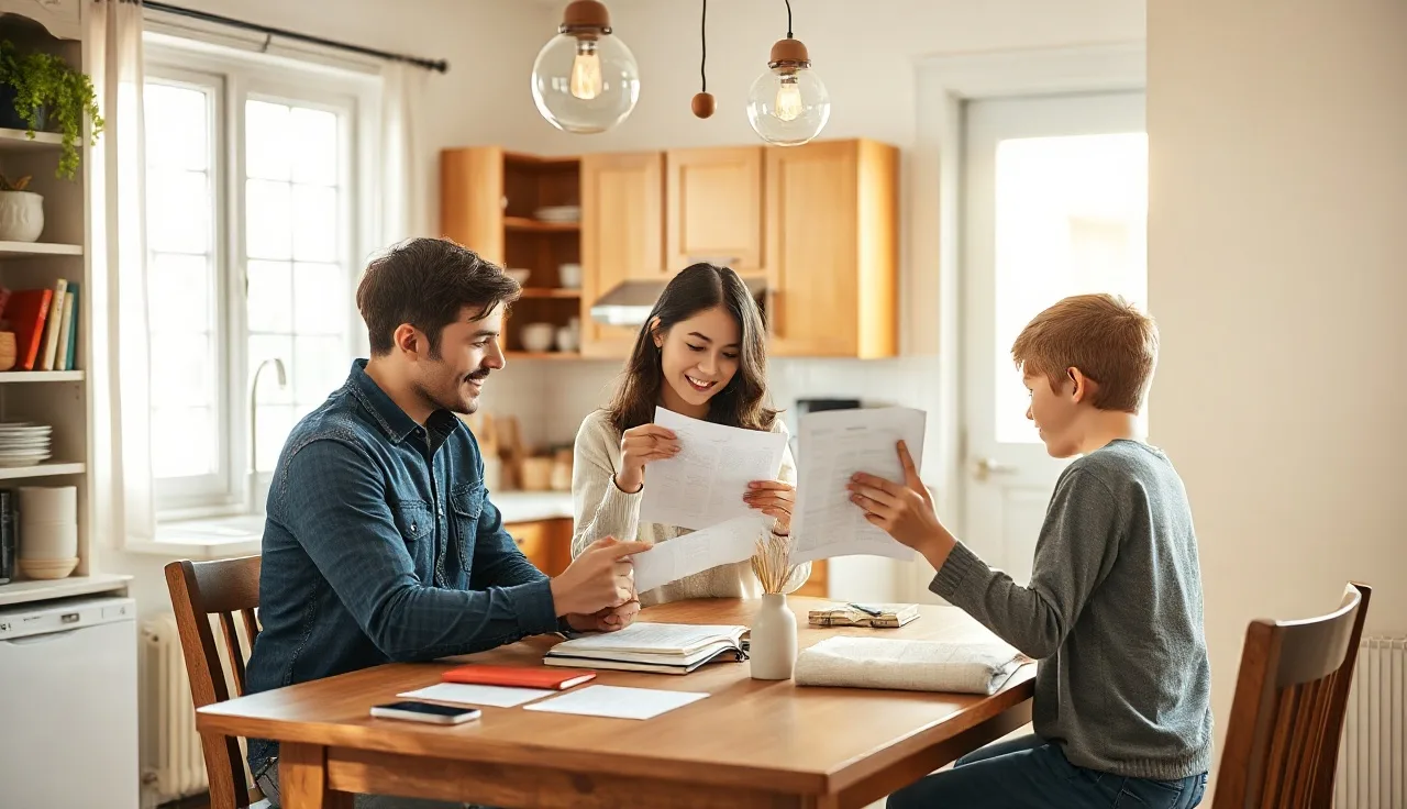 Family reviewing housing paperwork at kitchen table to determine Section 8 income eligibility