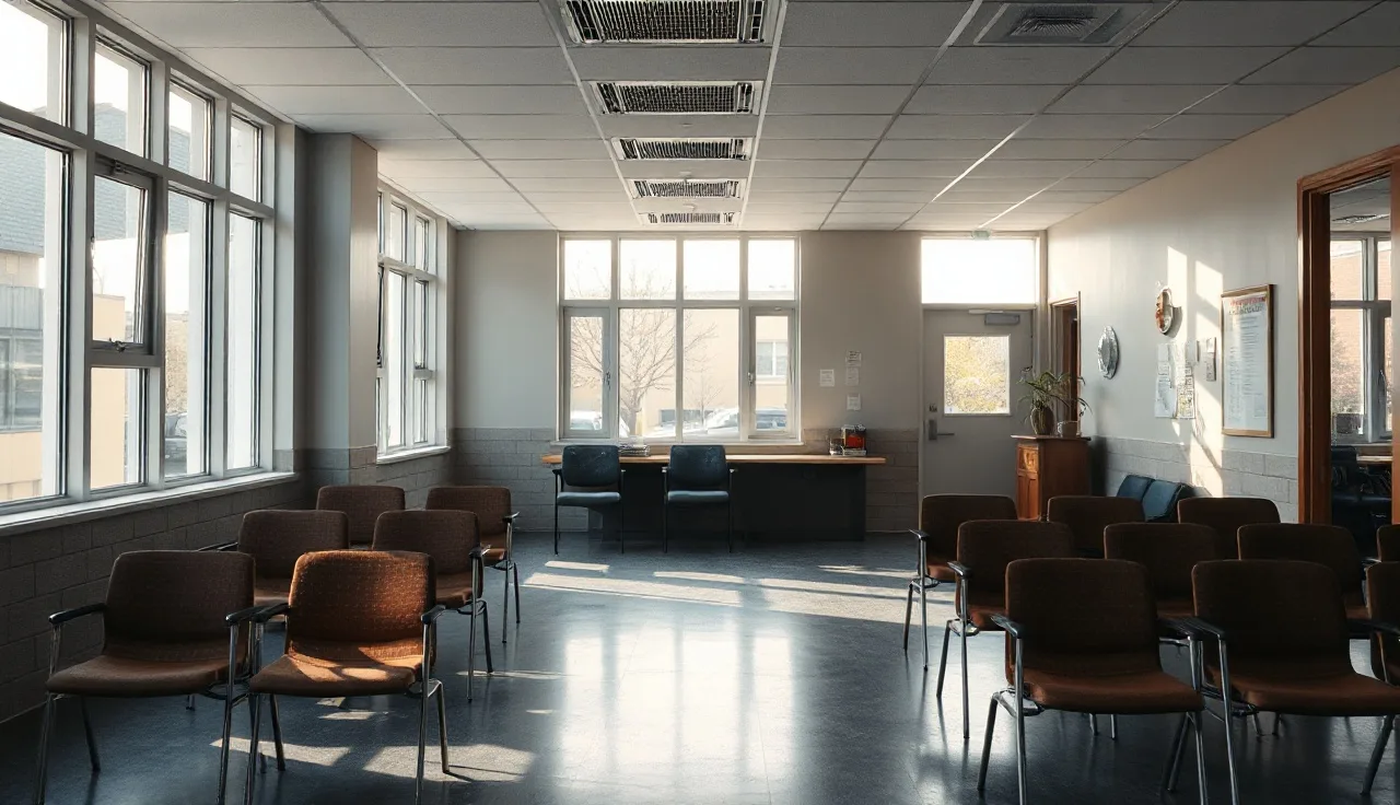 Empty waiting room at a local public housing authority office in afternoon light