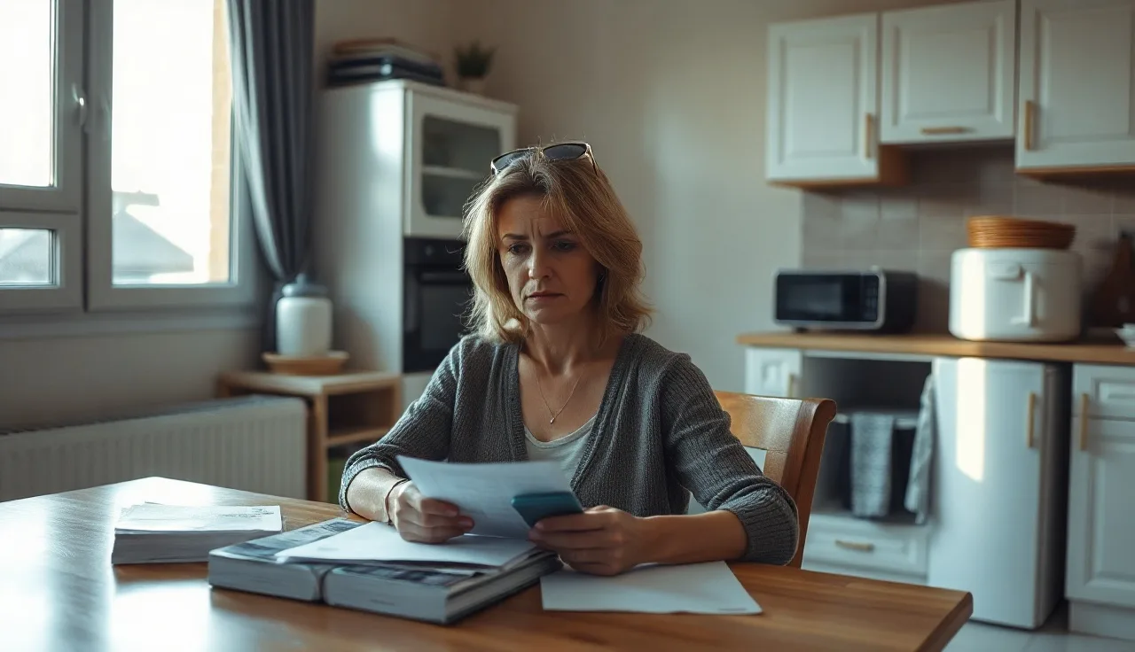 Woman reviewing housing paperwork at kitchen table, worried about Section 8 voucher cuts