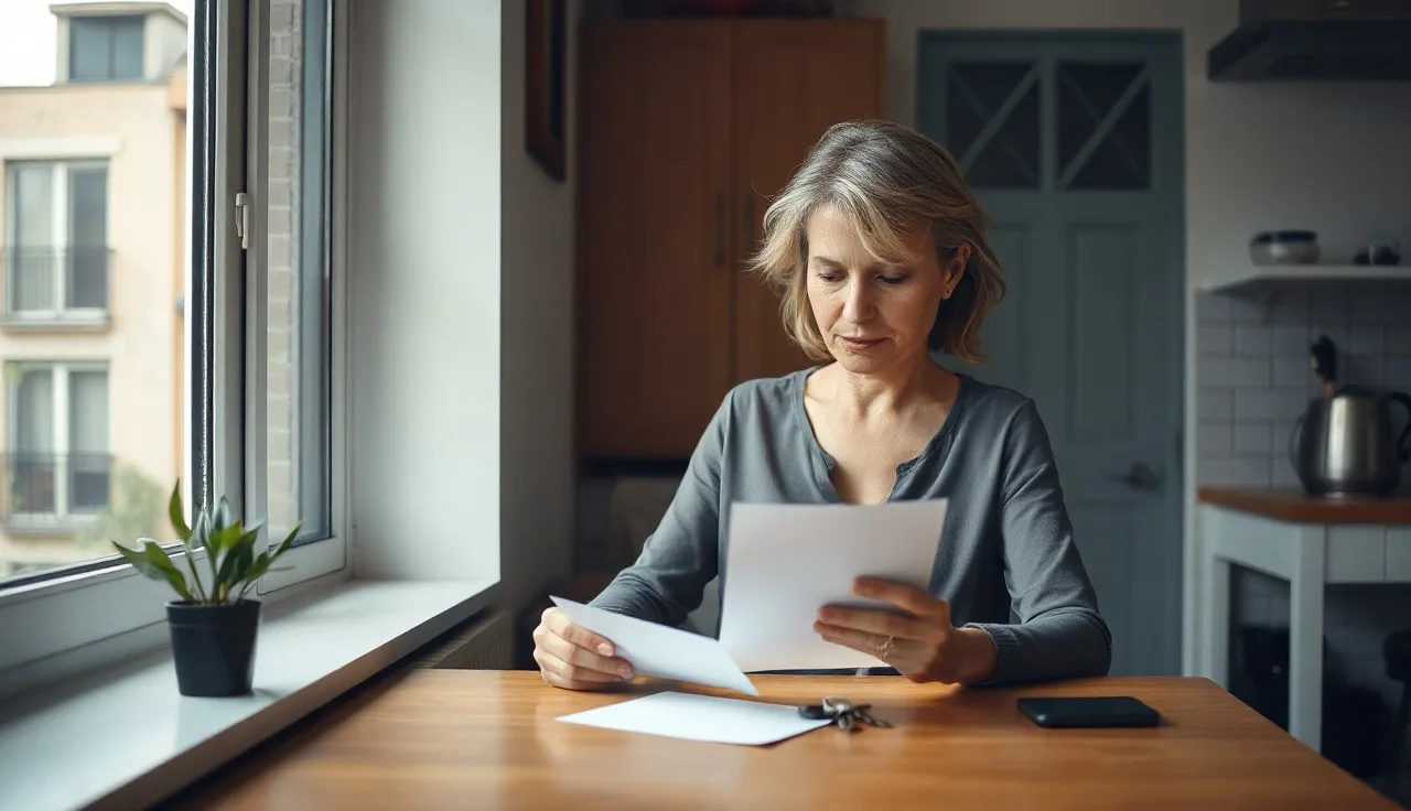 Woman reviewing housing paperwork at a kitchen table, Section 8 voucher uncertainty