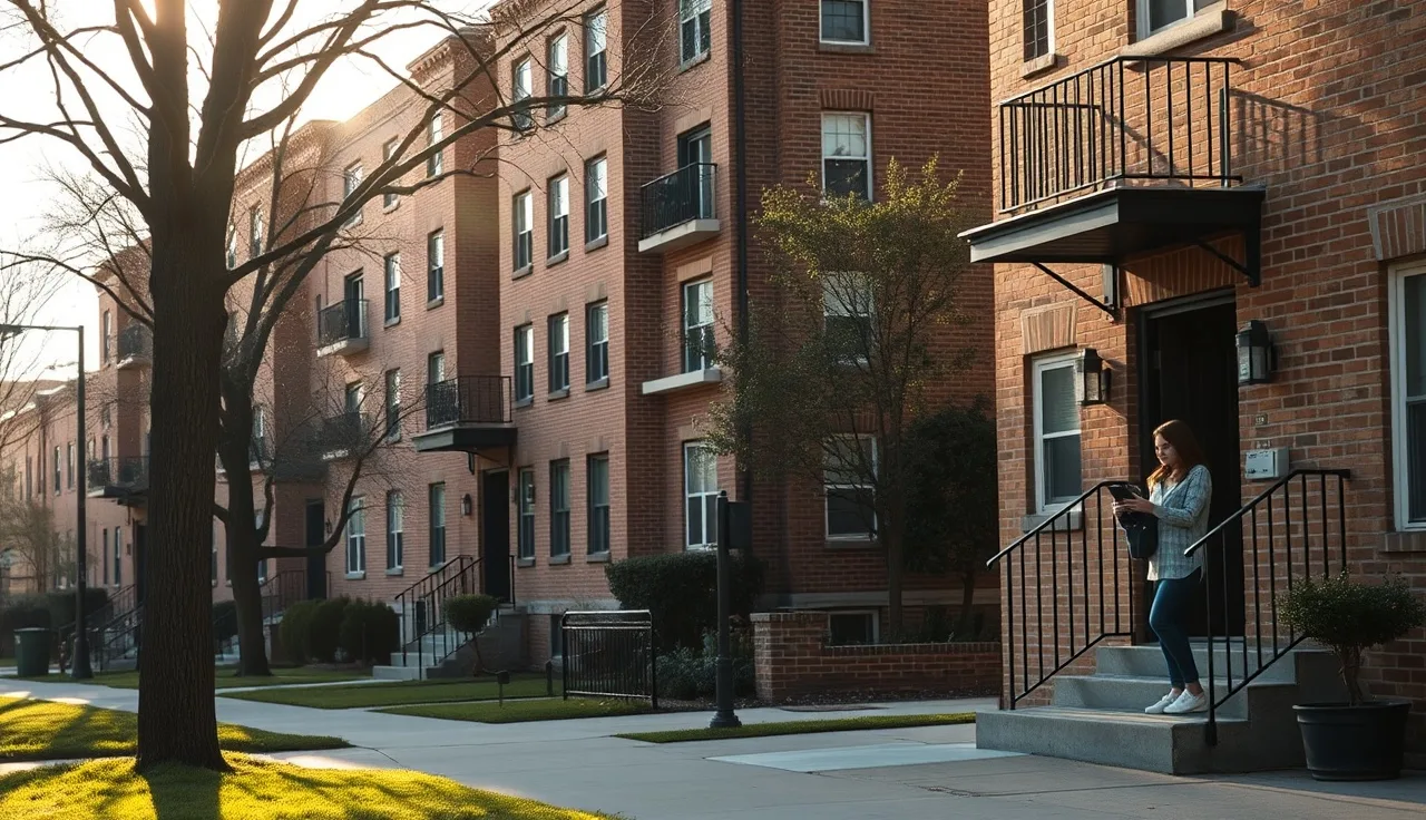 Brick apartment buildings on a residential street, woman checking mailbox near entrance