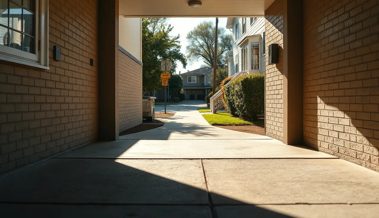Accessible apartment entrance with wide doorway in a residential neighborhood, afternoon light