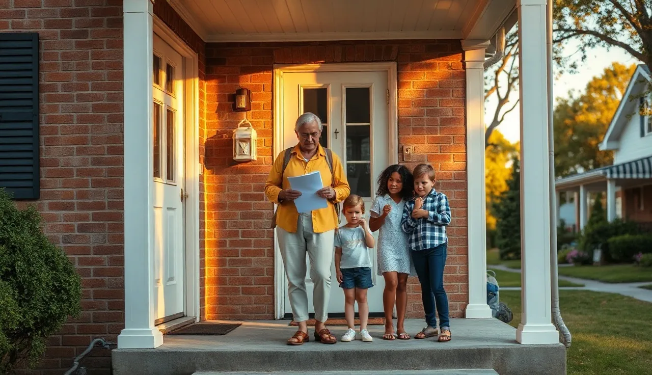 A family at the front door of a rental home holding housing paperwork