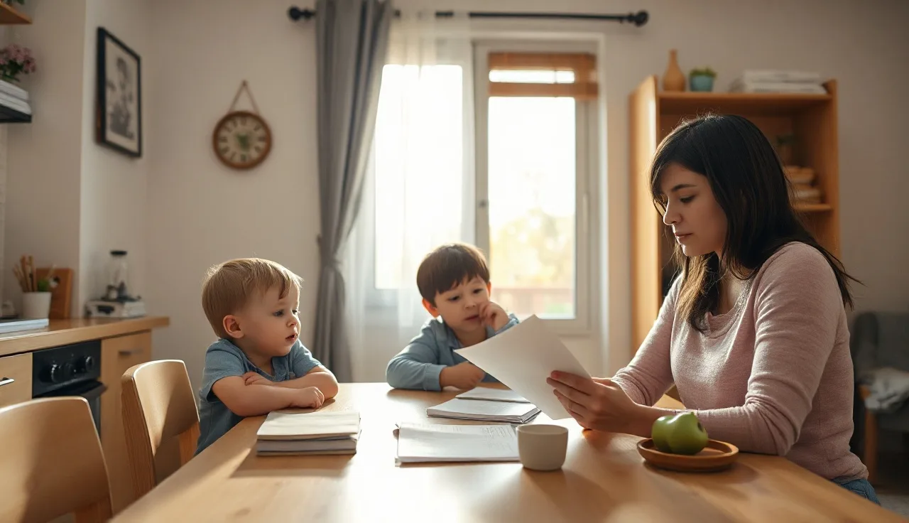 Single mother reviewing housing paperwork at kitchen table with two young children