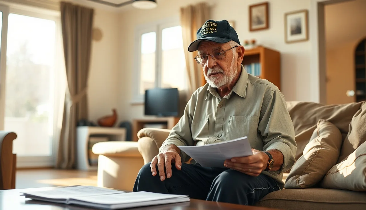 Veteran reviewing housing documents in a sunlit modest apartment living room