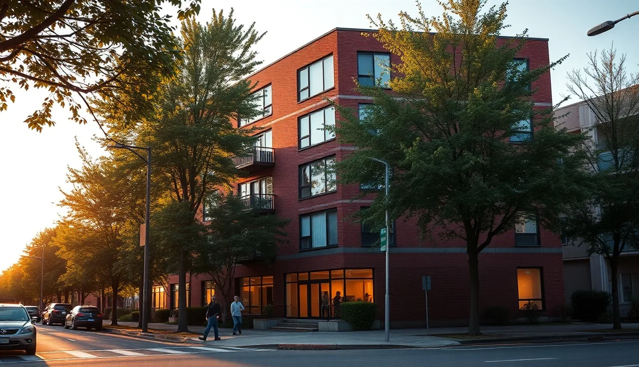 Affordable apartment building on a Seattle residential street in late afternoon light