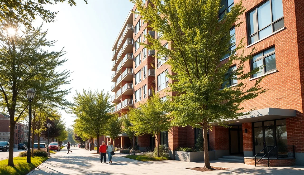 Modern affordable apartment building with brick facade and mature street trees