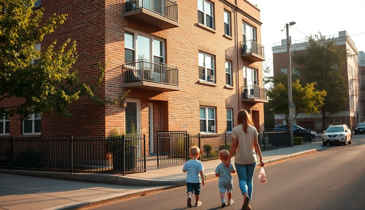 Mother with two children approaching a brick apartment building on a sunny morning