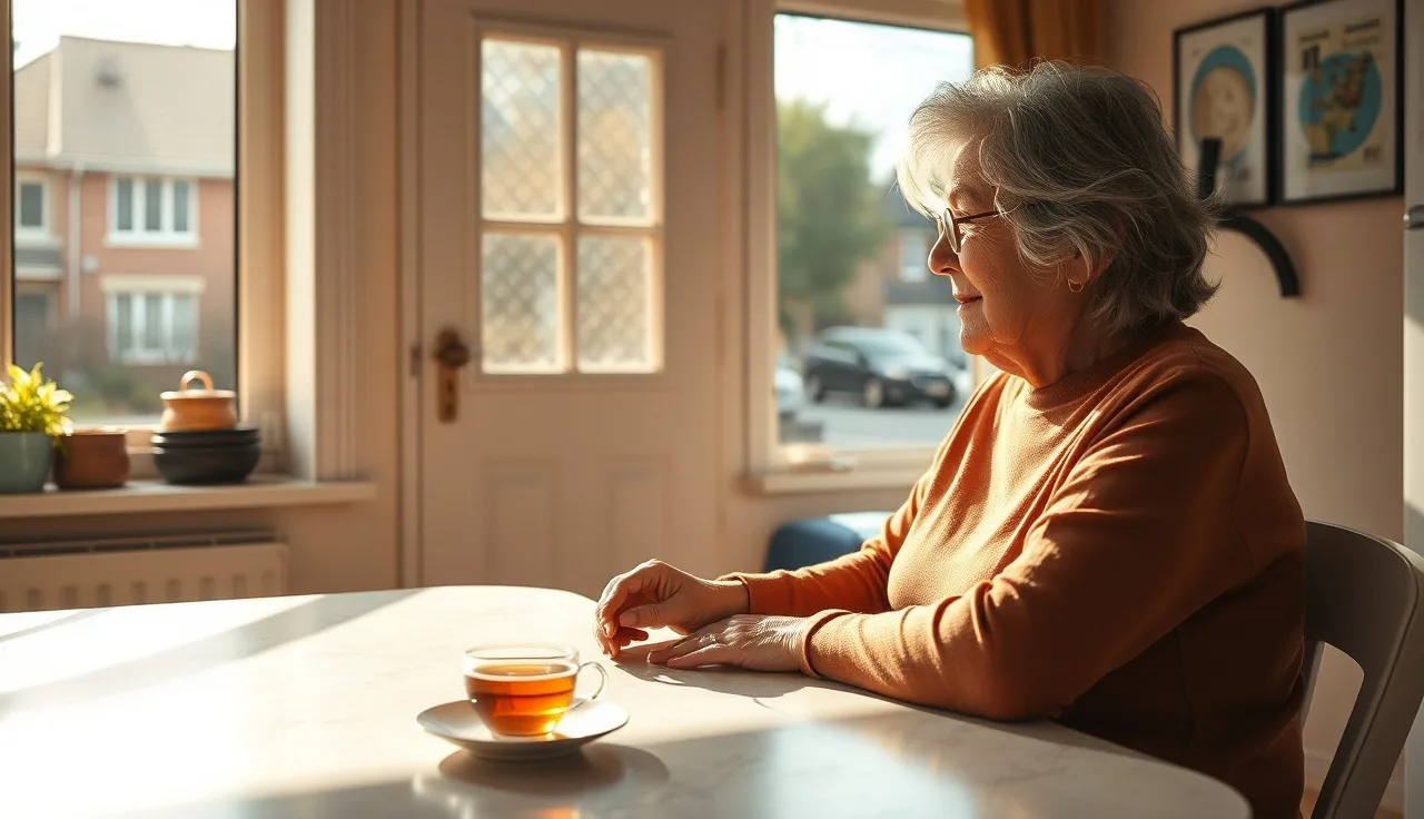 Elderly woman at kitchen table in sunlit affordable senior apartment