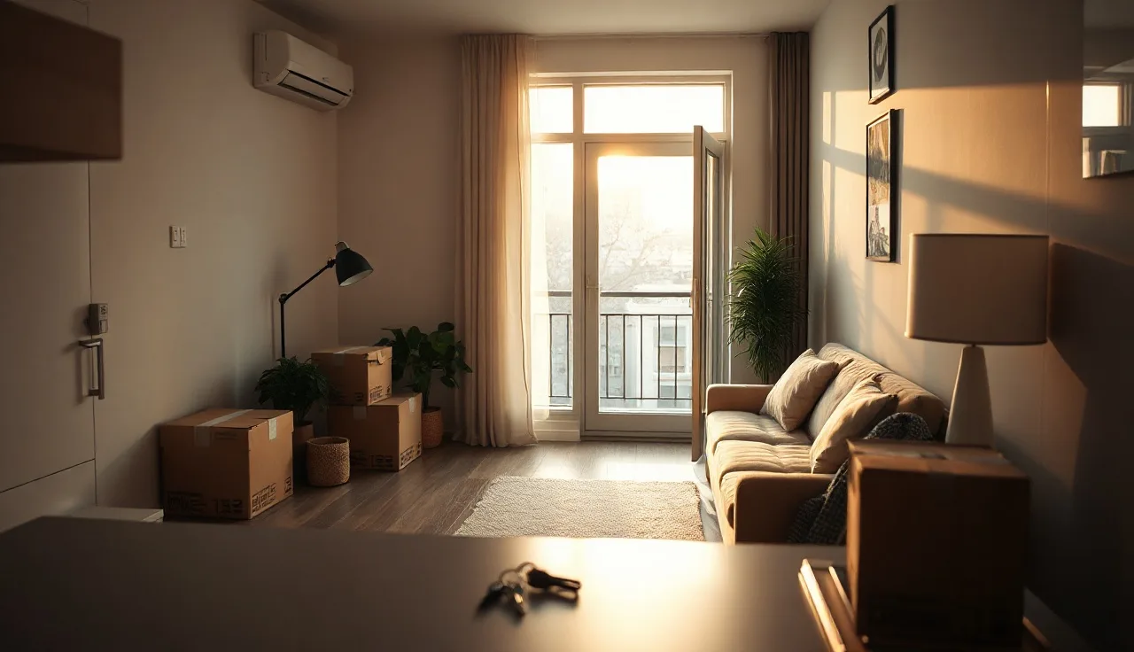 Empty apartment living room with moving boxes and keys, mental health housing transition
