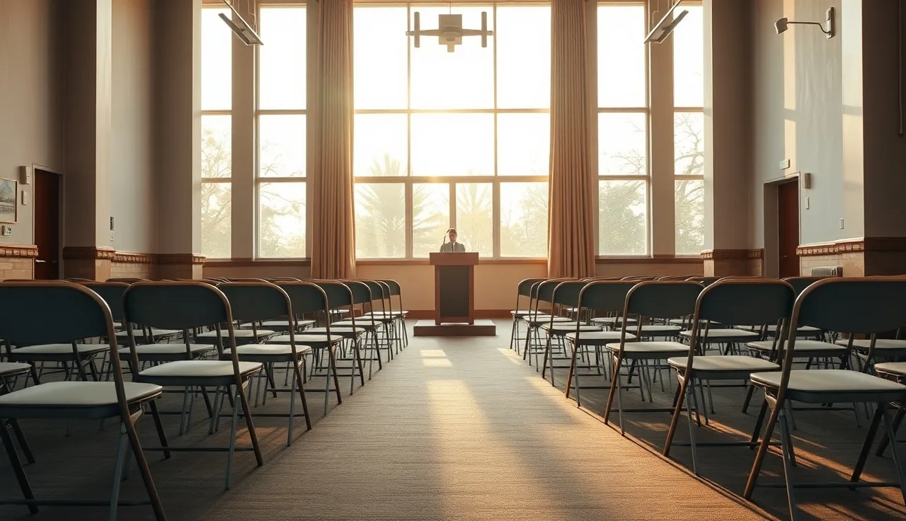 Empty community meeting room with folding chairs and warm window light, affordable housing advocacy setting