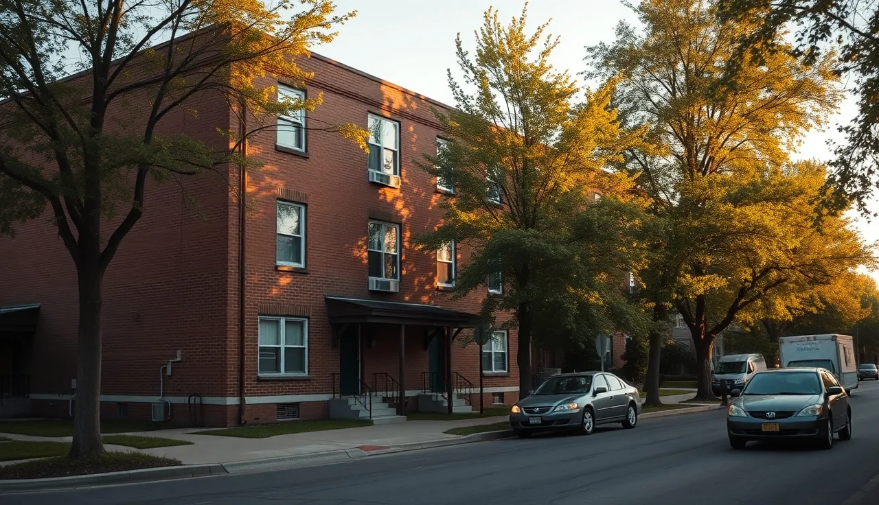 Brick affordable housing apartment building on a quiet residential street in afternoon light