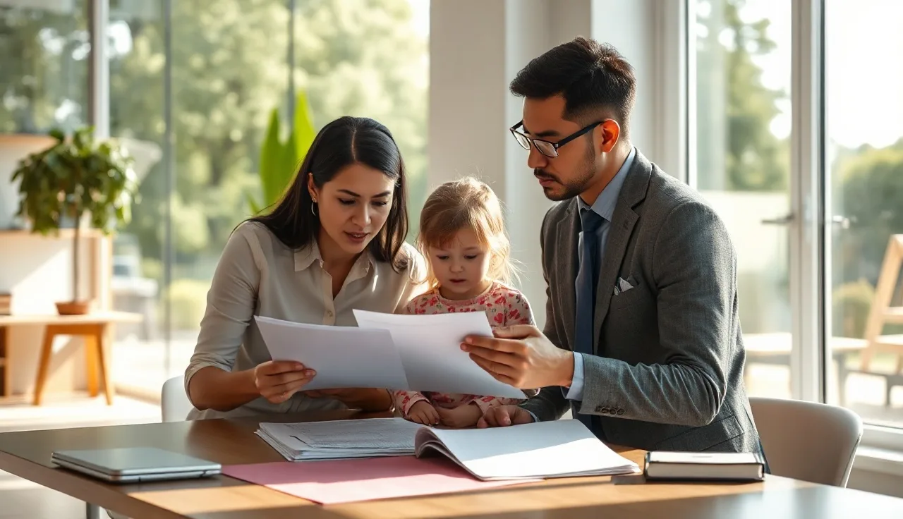 Housing caseworker reviewing rental voucher paperwork with a family at an office table