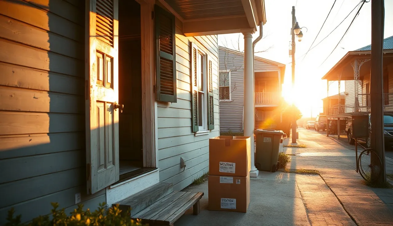 Moving boxes on a New Orleans shotgun house porch before a Section 8 port move