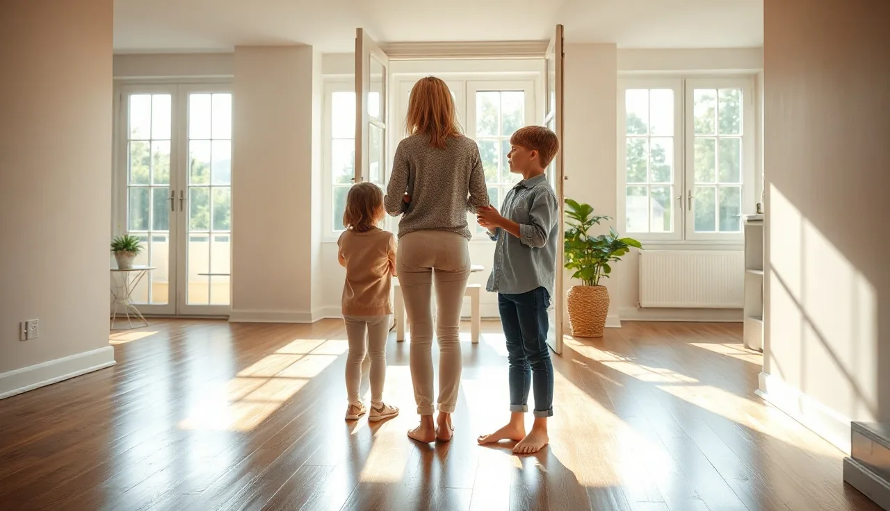 A mother and two children in a sunlit apartment doorway holding a key
