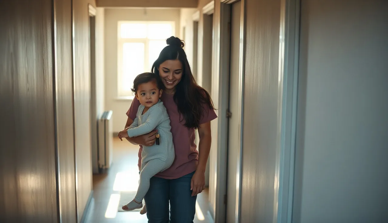 Social worker handing apartment keys to a mother and child in a hallway