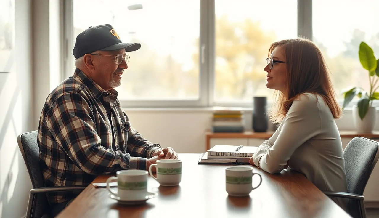 Veteran and housing counselor discussing rental assistance paperwork in a sunlit office