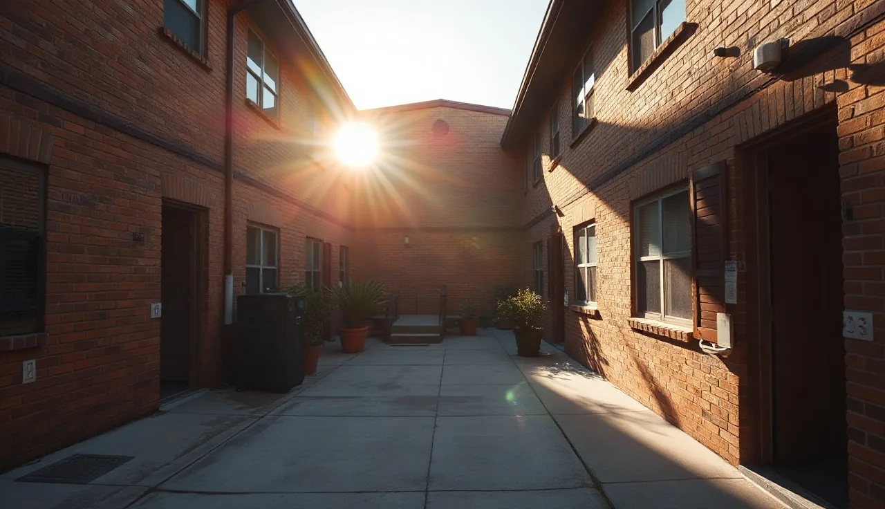 Sunlit apartment courtyard in Jacksonville FL where rental assistance tenants live