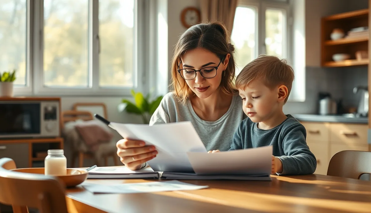 Woman and child at kitchen table reviewing rental assistance paperwork in sunlit apartment