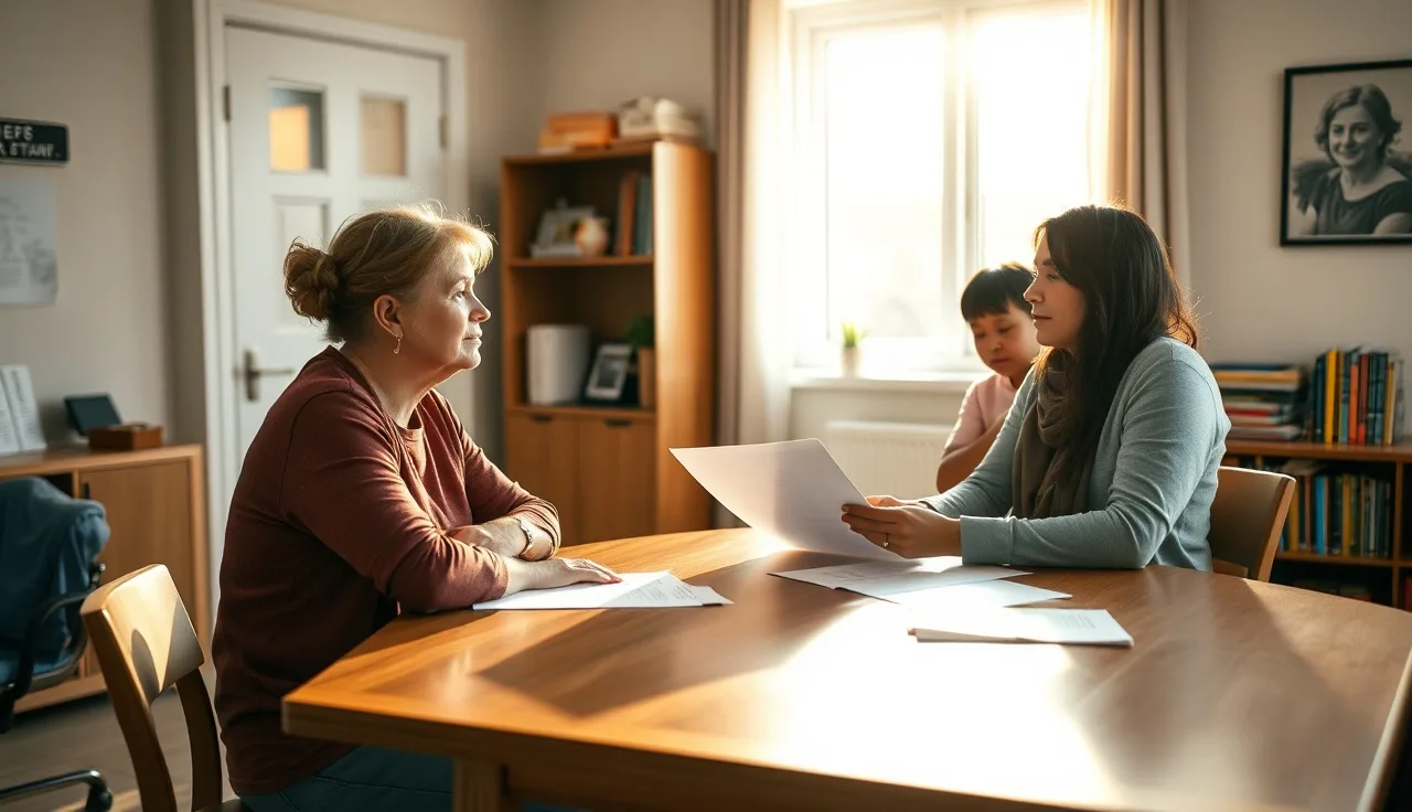 Caseworker and family reviewing rental assistance paperwork at a community center desk