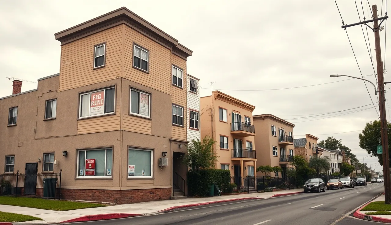 Modest apartment buildings on a quiet residential street showing rental housing affected by Section 8 cuts