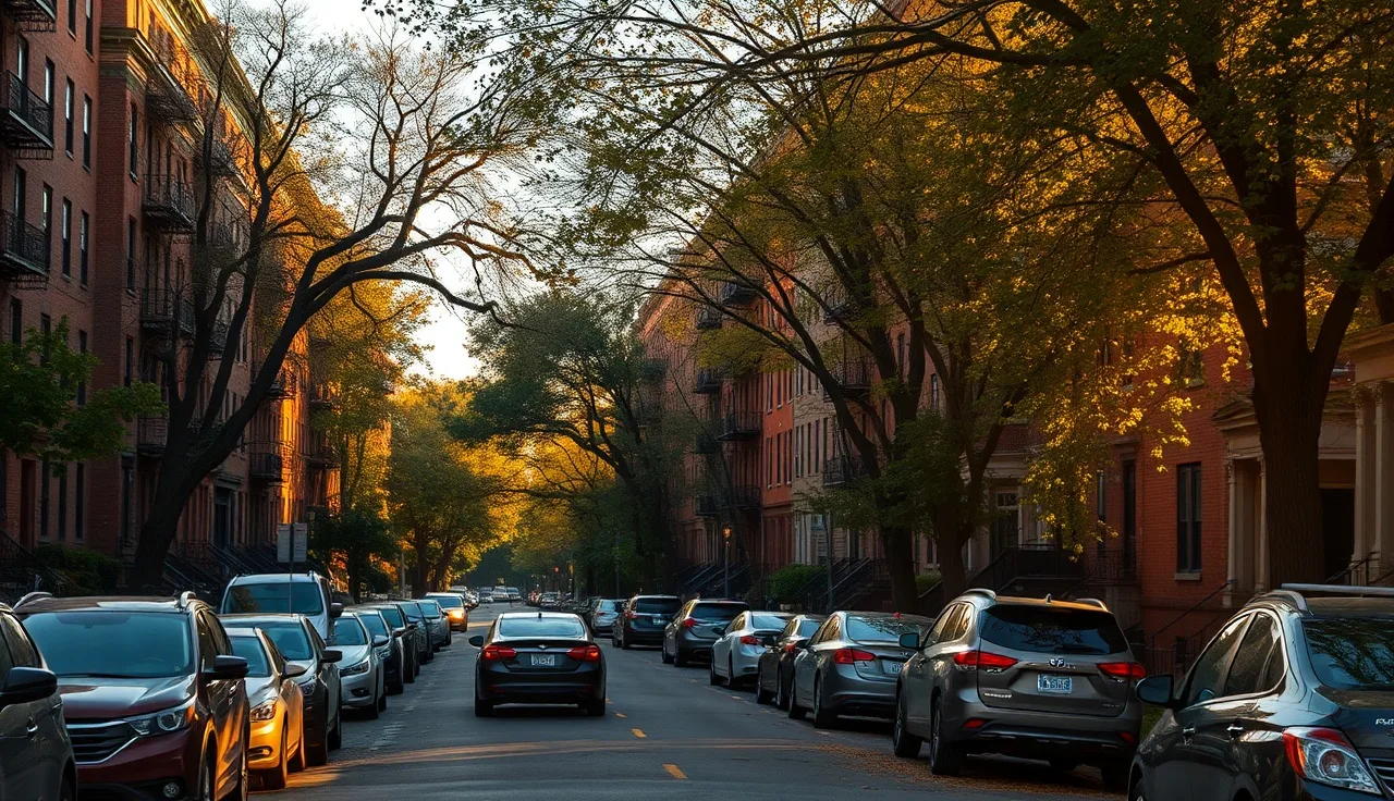 Brick apartment buildings on a residential street in the Bronx, NYC