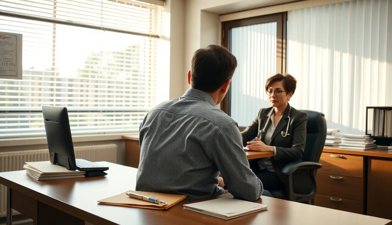 Person meeting with a housing office worker at a government agency desk