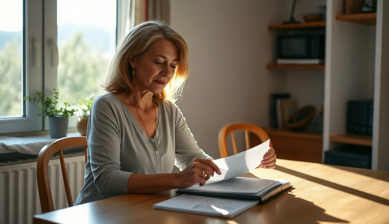 Woman reviewing housing paperwork at a kitchen table in a modest apartment