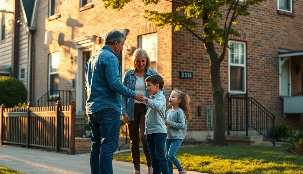 A landlord handing keys to a family outside a brick rental home