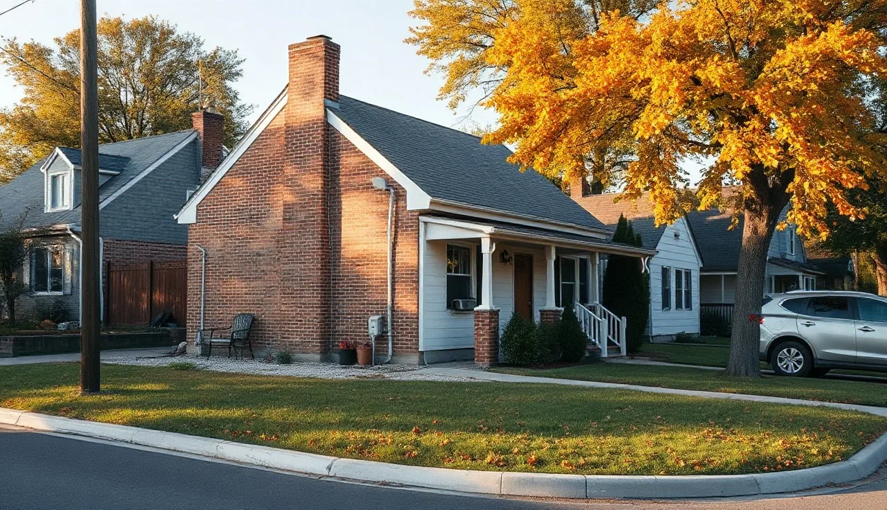 Brick single-family rental house on a quiet residential street in afternoon light