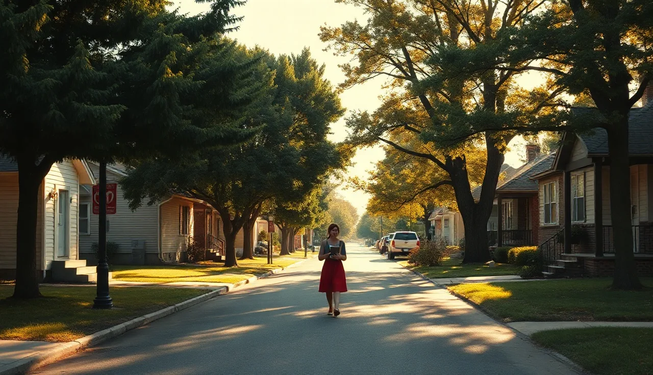 Woman with documents approaching a rental home on a quiet residential street