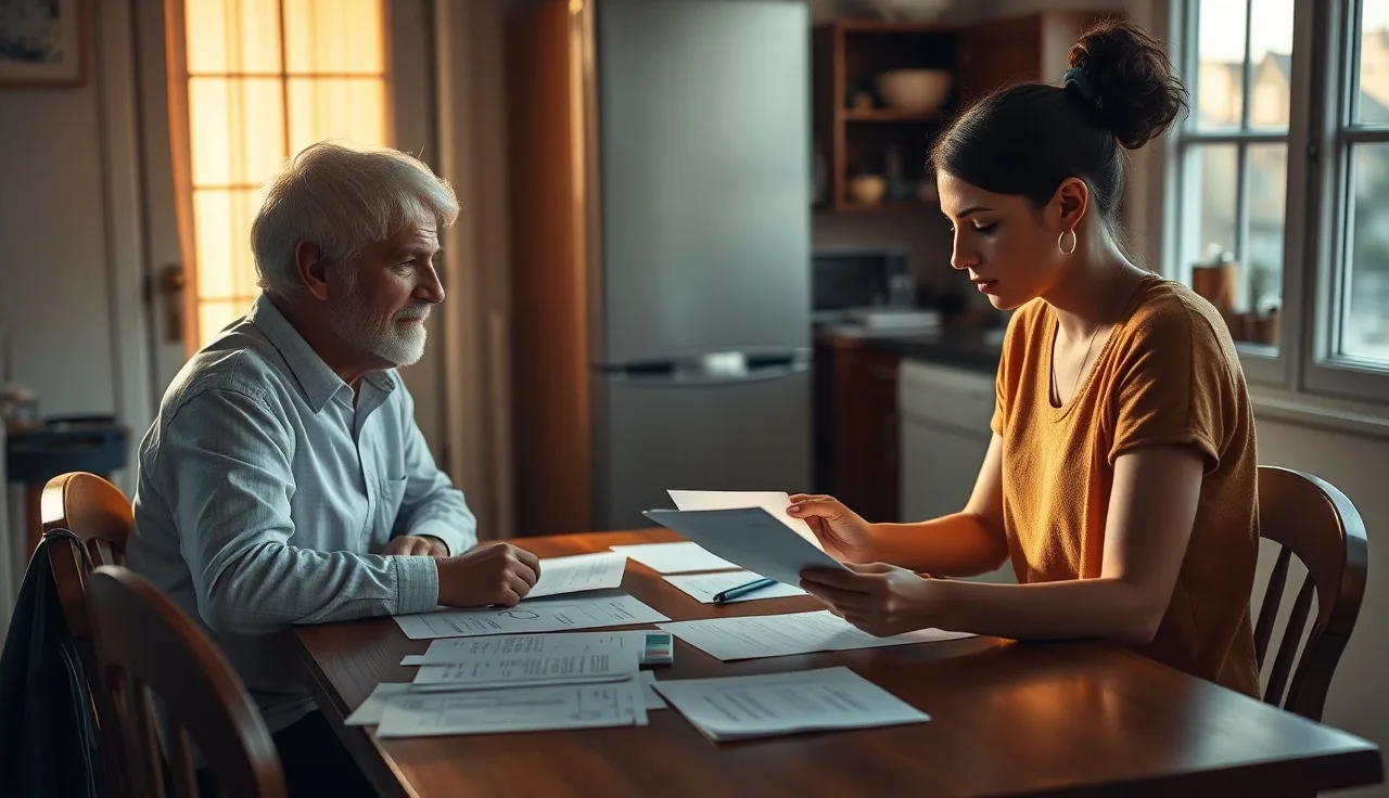 Volunteer and tenant reviewing rental assistance documents at a kitchen table
