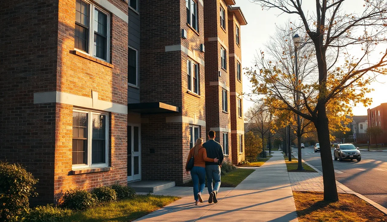 Family walking toward apartment building entrance in afternoon light, rental housing scene