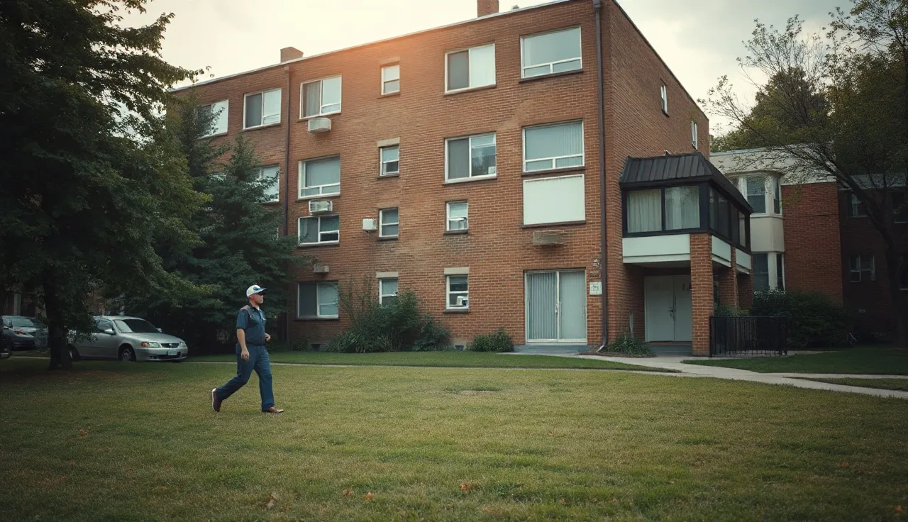 Brick apartment building exterior with late afternoon light and postal carrier walking past