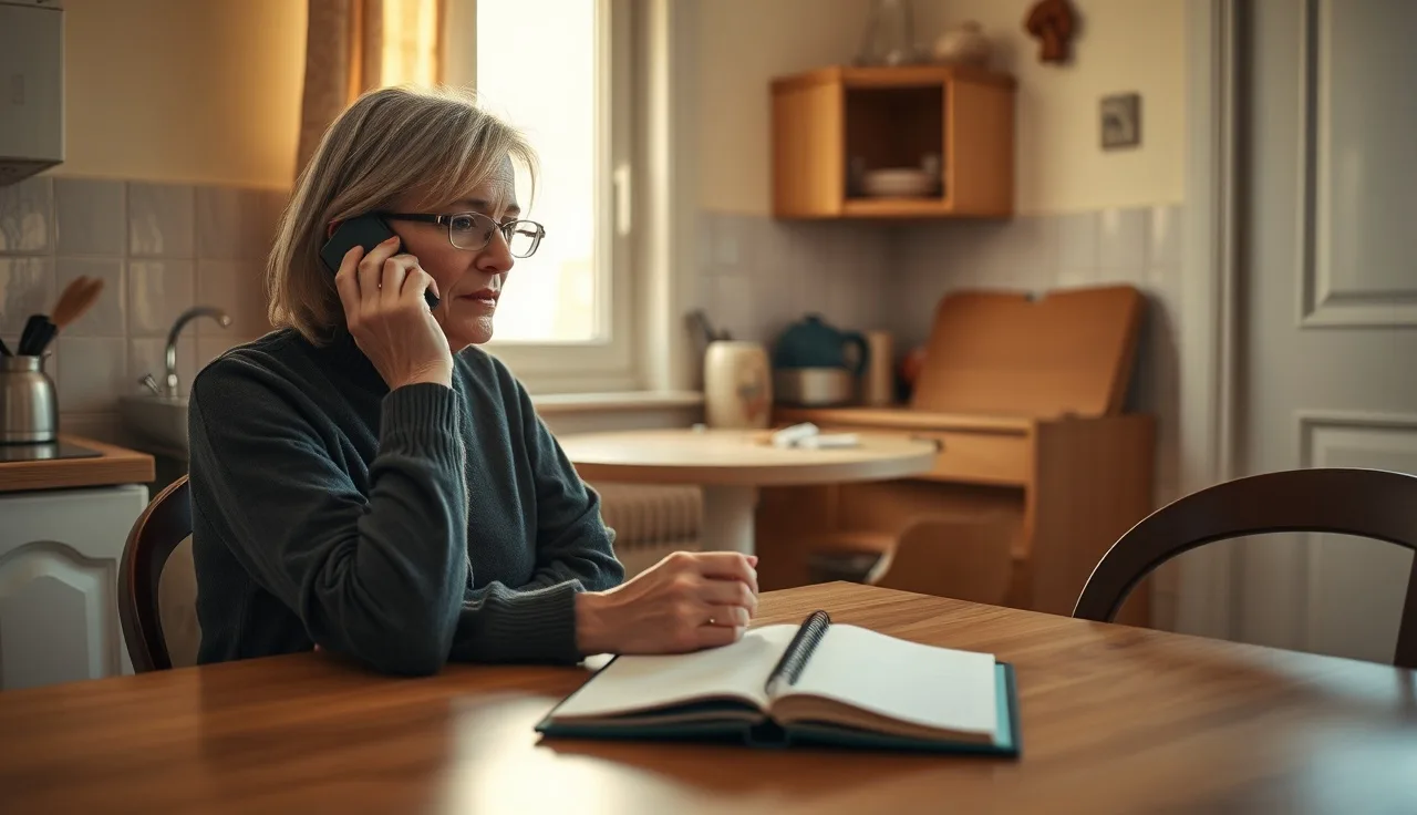 Woman making a phone call for rental assistance at a kitchen table