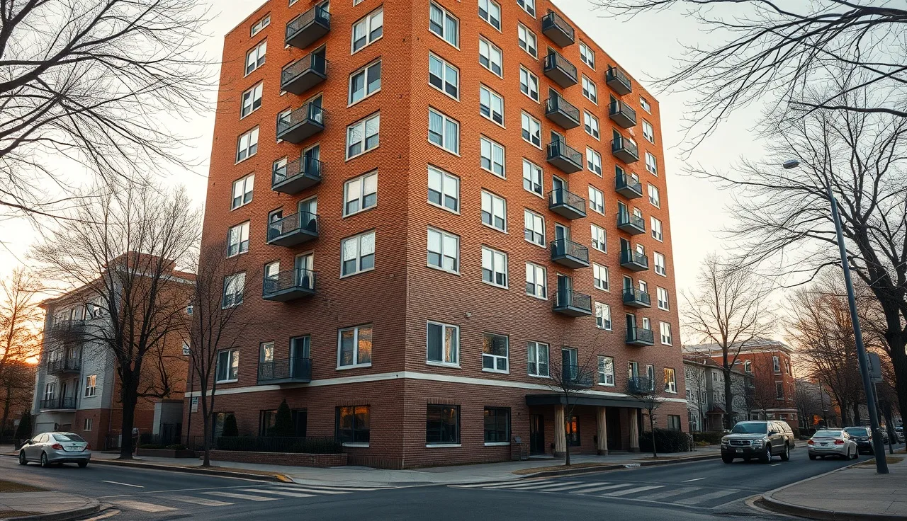 Brick apartment building at golden hour representing HUD-assisted affordable housing