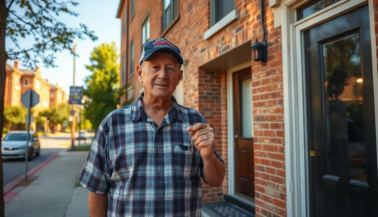 Veteran standing outside an apartment building holding house keys on a sunny street