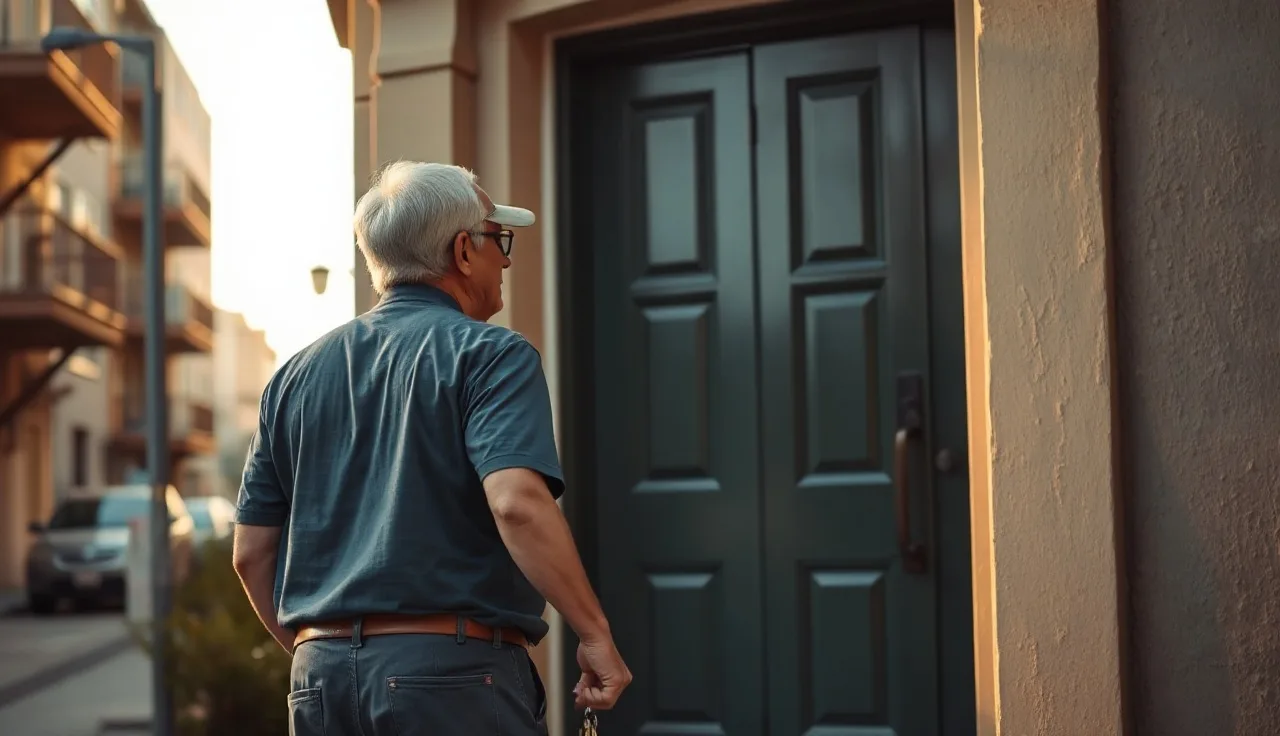 A veteran holding apartment keys outside a residential building in morning light
