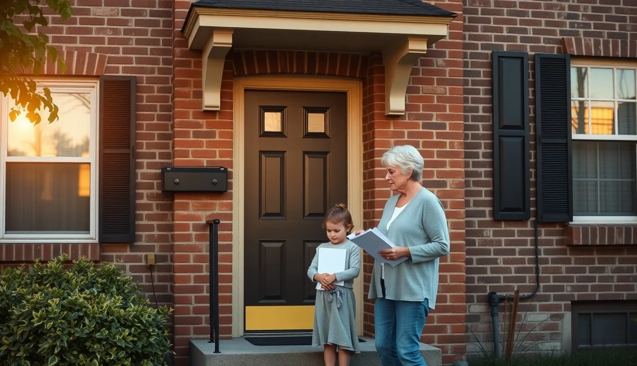 Family at the door of a brick rowhouse with housing paperwork in hand