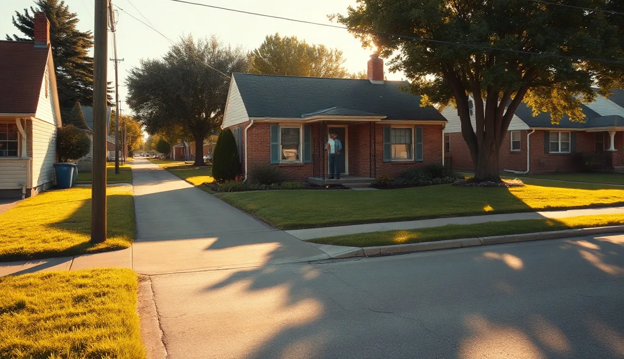 Person standing at the door of a brick house holding rental paperwork