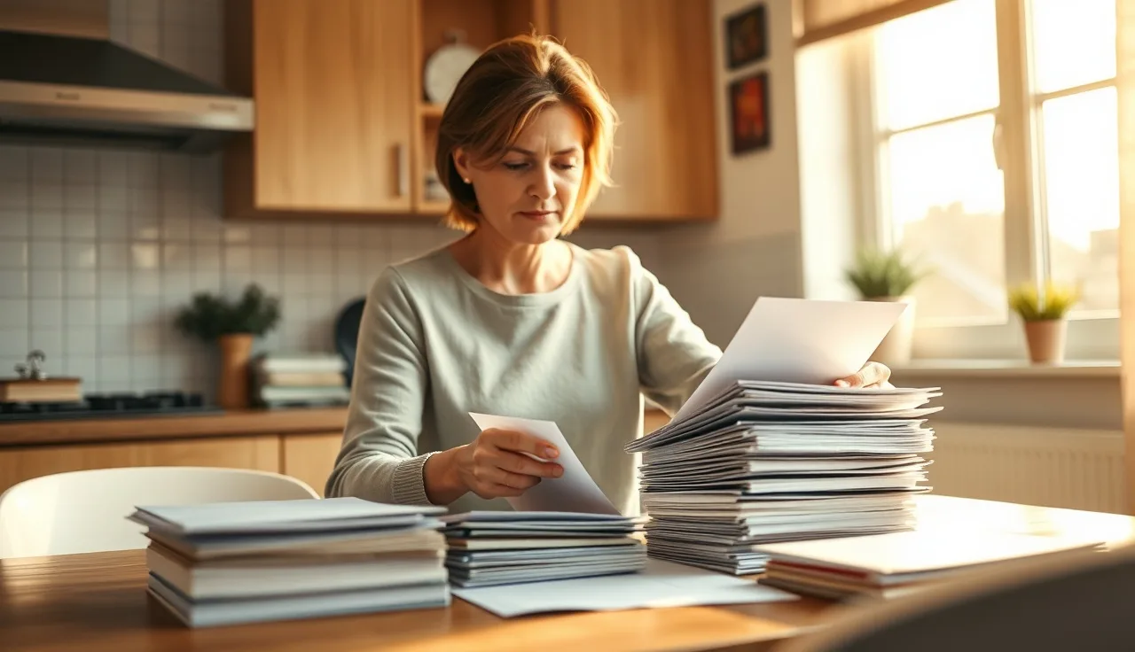 Woman organizing household documents at kitchen table for Section 8 recertification