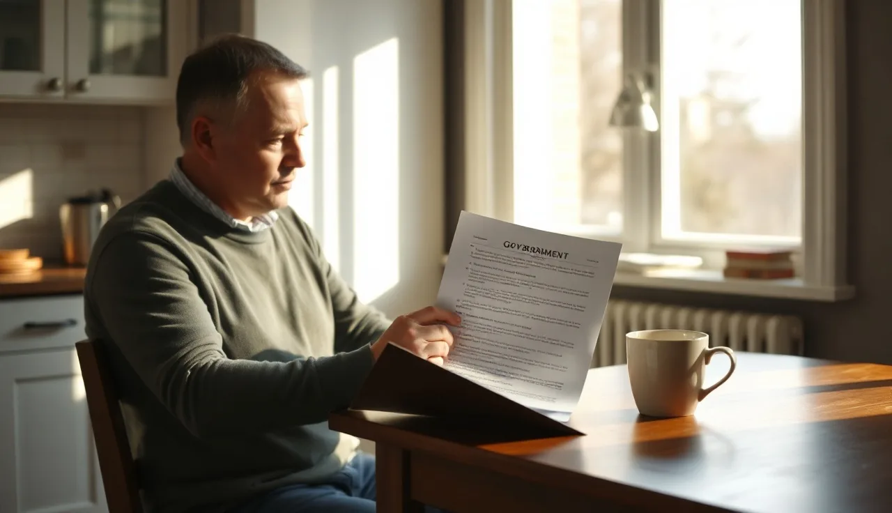Person reading a printed housing document at a sunlit kitchen table
