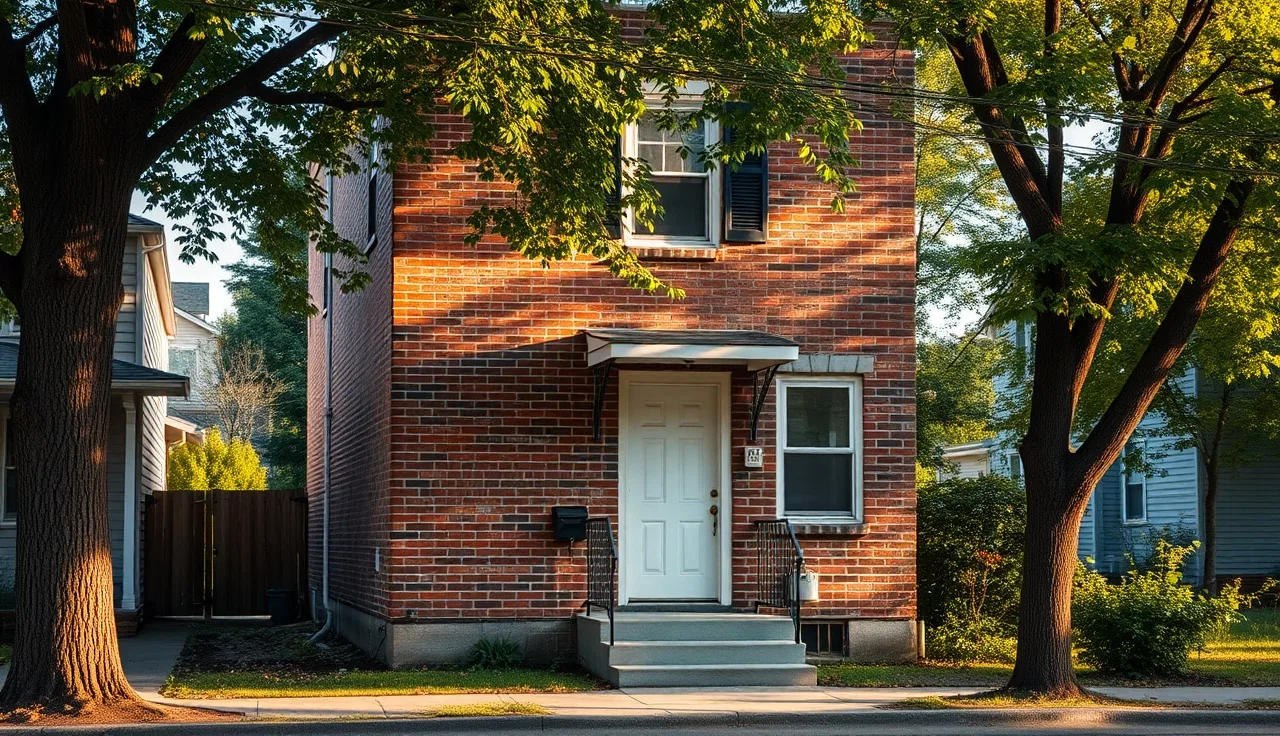 Brick rental house front door on a residential street, representing section 8 housing