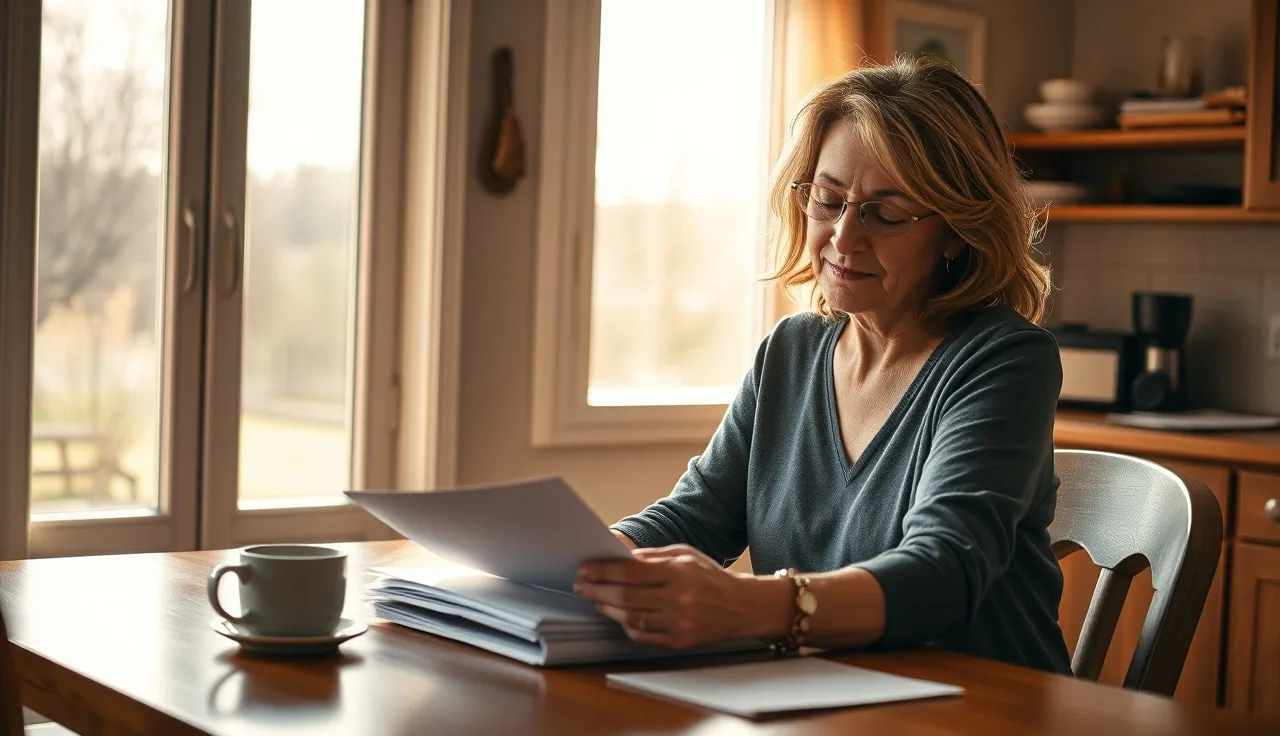 Woman reviewing documents at a kitchen table before a Section 8 recertification appointment