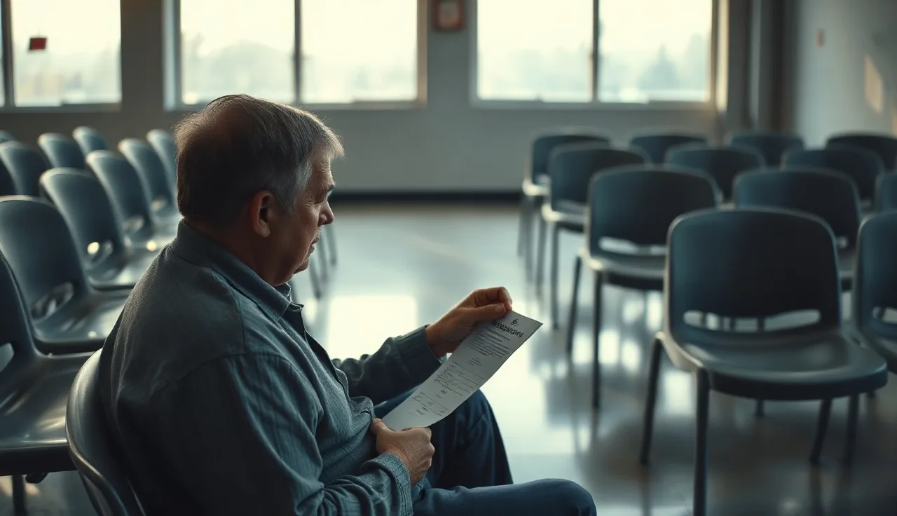 Person sitting alone in empty waiting room holding a Section 8 briefing appointment slip