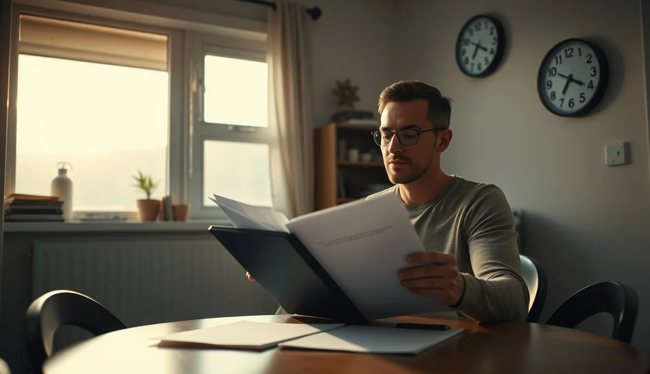Person reviewing Housing Choice Voucher paperwork at kitchen table before expiration deadline