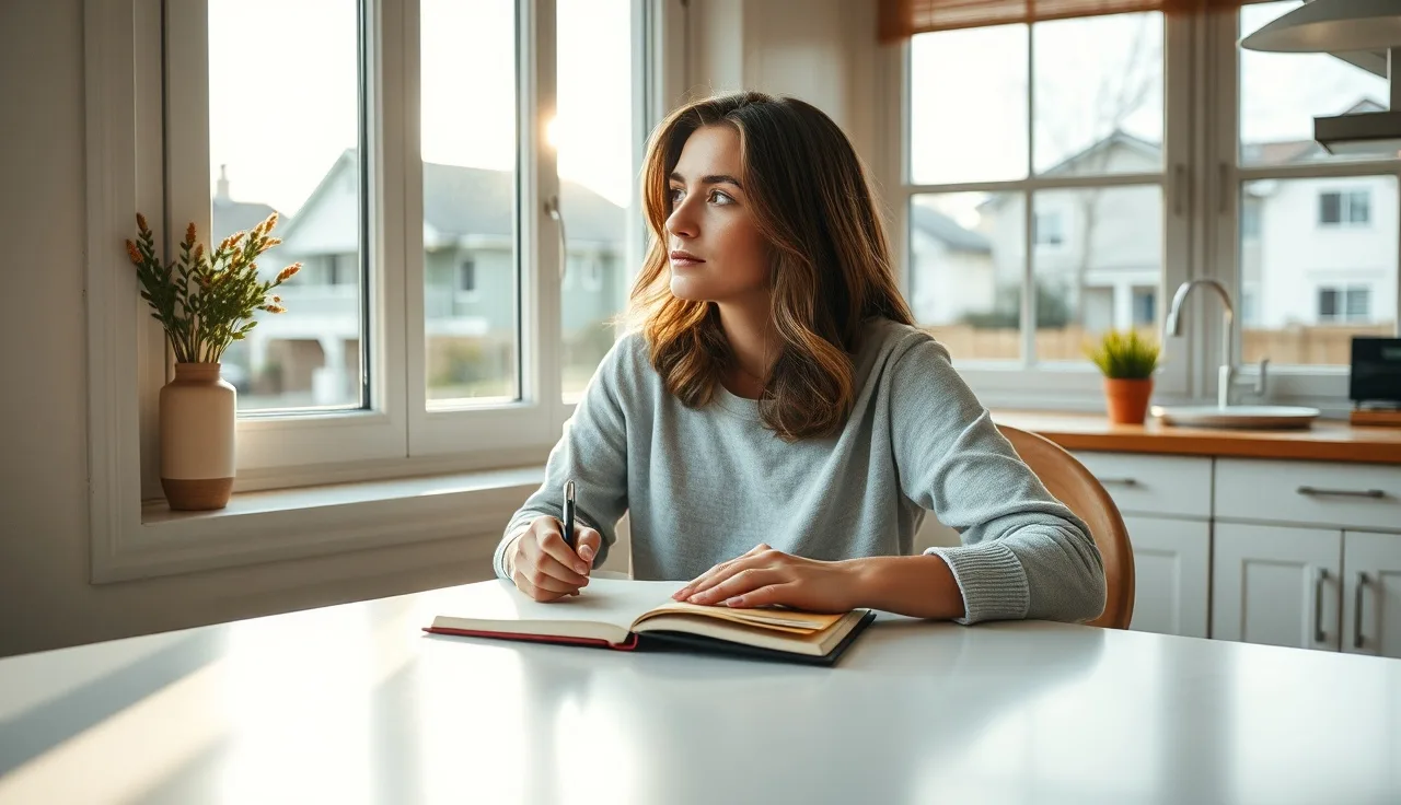 Woman at kitchen table reviewing notebook, thinking about FSS escrow decision