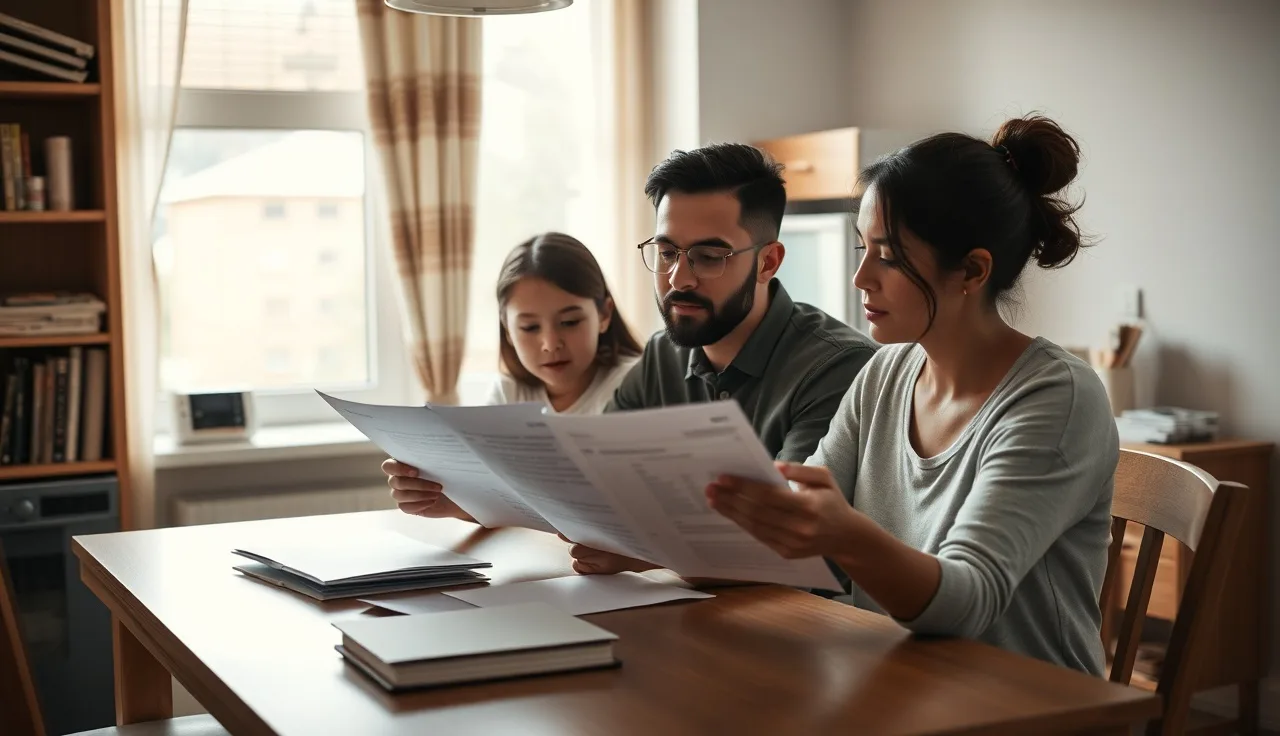 Family reviewing housing voucher eligibility documents at a kitchen table