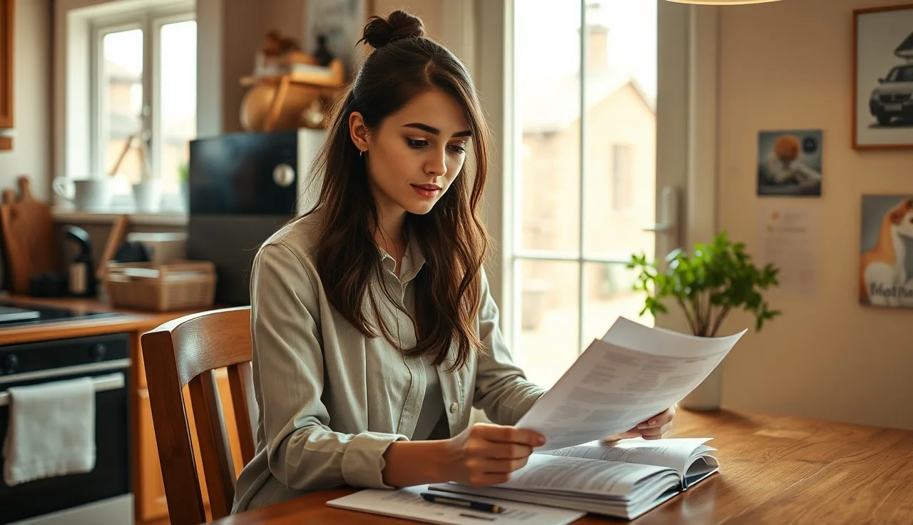 Woman reviewing homeownership documents at kitchen table under natural morning light