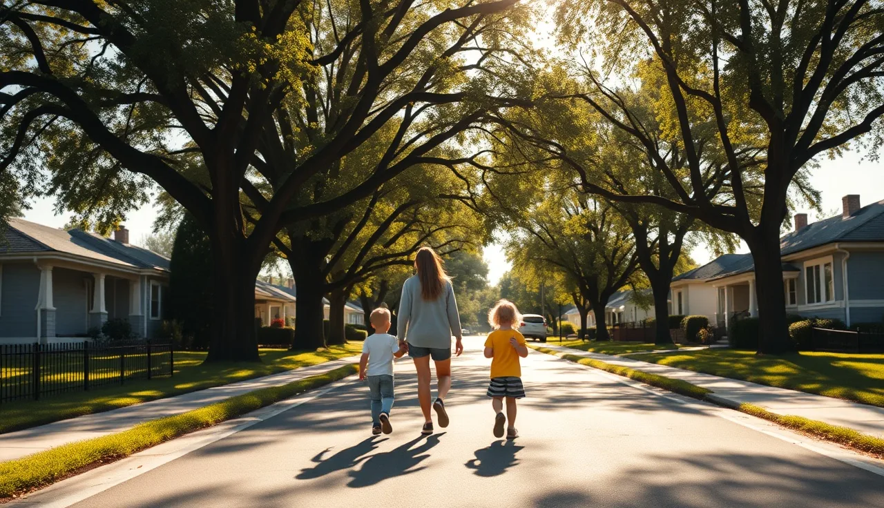 Family walking through a residential neighborhood, illustrating access to high opportunity housing areas